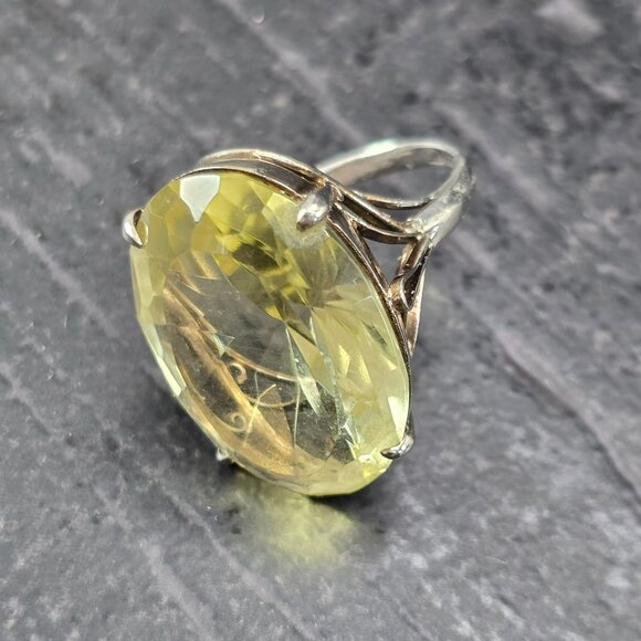 Vintage Oval Cut Yellow Gemstone Ring With Intricate Silver Band Design HS137 - Picture 4 of 16